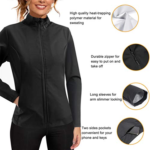 Chumian Women Hot Sweat Sauna Suit Track Jackets Workout Long Sleeve Tank Tops with Zipper Slimming Polymer Waist Trainer (Black, M)
