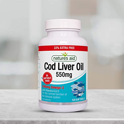 Natures Aid Cod Liver Oil 550 mg 120 Softgel Capsules (Providing 120 mg Omega-3, with Vitamins A and D, For The Normal Function of the Immune System, Purity Guaranteed, Made in the UK)