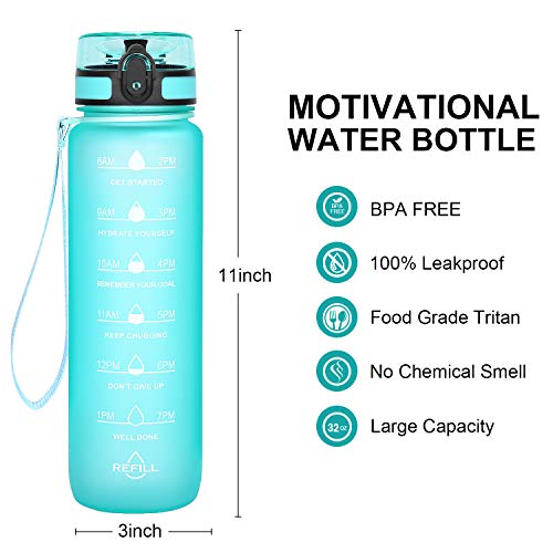 Favofit 1 Litre / 32 oz Sports Water Bottle with Motivational Time Marker, Fruit Infuser Filter and Cleaning Brush, Leakproof, BPA-free Tritan Plastic, 1 Click Open with Lock (Mint)