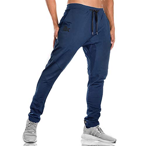 BROKIG Mens Gym Joggers Sweatpants, Causal Slim Fit Running Trousers Tracksuit Jogging Bottoms with Double Pockets (Small,Navy)