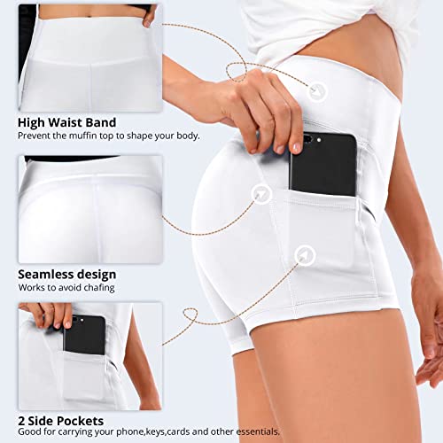 TERODACO Womens Running Shorts with Phone Pocket Comfortable Moisture Wicking Womens High Waisted Yoga Shorts for Sports Gym Workout,Stretchy Quick Dry Seamless 12428 White M