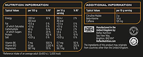 Reflex Pre Workout Powder 3000mg Citrulline Malate 1600mg Beta-Alanine 125mg Caffeine (Fruit Punch) (300g)