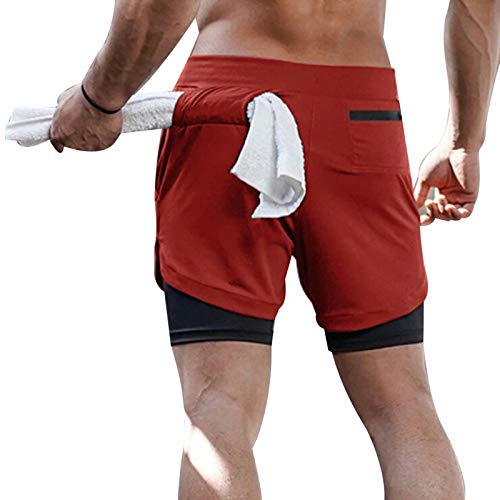 Men's 2-in-1 Running Shorts Lightweight Quick Dry Athletic Gym Workout Shorts with Towel Loop(Red M)