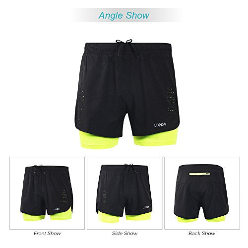 Lixada Mens 2-in-1 Running Shorts Quick Drying Breathable Active Training Exercise Jogging Cycling Shorts with Longer Liner (Green, XL)