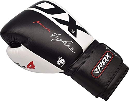 RDX Boxing Gloves Training Sparring Punching Glove Cow Hide Leather Muay Thai Fighting Bag Mitts kickboxing, Black/White, 14 oz