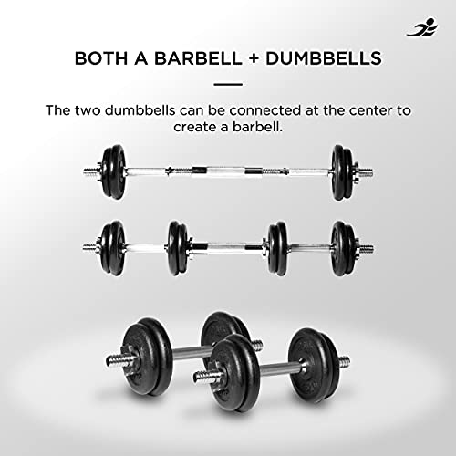 JLL 20kg Cast Iron Dumbbell & Barbell Set 2021 4x 1.75kg and 4x 2.5kg weight plates, 4x spin-lock collars, steel connecting bar, hammer tone look, resilient and long lasting training