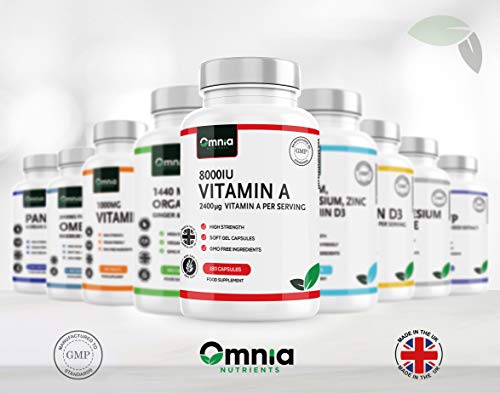 Vitamin A 8000 IU for Healthy Immune System, Healthy Skin and Normal Vision |180 High Strength Softgel Capsules | 2400 μg Per Serving | Made in The UK by Omnia NUTRIENTS