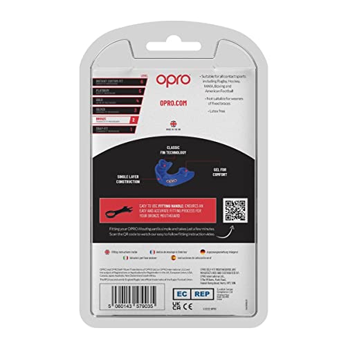 New OPRO Bronze Level Adult and Youth Sports Mouthguard with Case and Fitting Device, Gum Shield for Hockey, Lacrosse, Rugby, MMA, Boxing and Other Contact and Combat Sports (Blue, Adult)