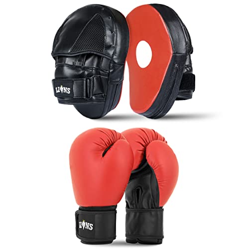 Lions Kids Curved Focus Pads and Gloves Set Hook and Jabs Junior Punch Bag Mitts Boxing MMA Kick Training (Red Stone, 10oz)