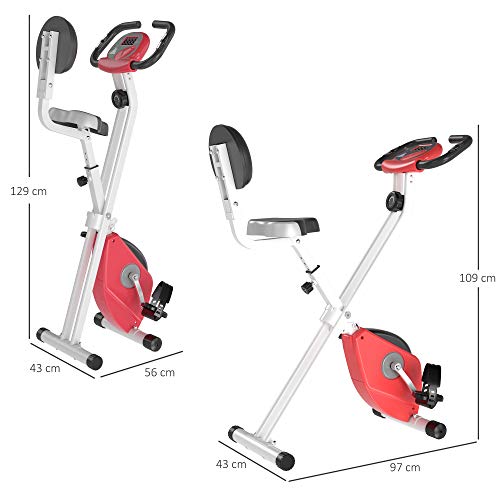 HOMCOM Magnetic Resistance Exercise Bike Foldable w/LCD Monitor Adjustable Seat Heart Rate Monitors Food Straps Foot Pads Home Office Fitness Training Workout - Red