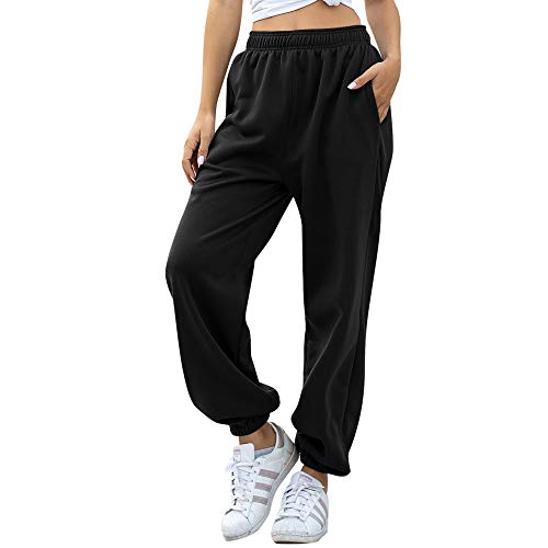 Nuofengkudu Women's Plain Baggy Fleece Tracksuit Bottoms Warm Harem Joggers Pants with Pockets Elastic Waist Thermals Tapered Leg Sweatpants Running Workout Casual Lounge Wear(F-Black, L)