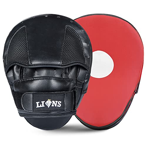 Lions Kids Curved Focus Pads and Gloves Set Hook and Jabs Junior Punch Bag Mitts Boxing MMA Kick Training (Red Stone, 10oz)