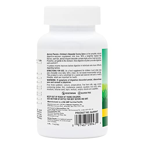 NaturesPlus Animal Parade Tummy Zyme Children’s Chewable Digestive Support - Active Enzymes, Lactase, Live Probiotics and Whole Foods - Vegetarian, Gluten Free - Tropical Fruit Flavour - 90 Animal Shaped Tablets