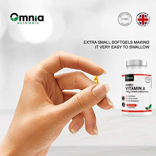 Vitamin A 8000 IU for Healthy Immune System, Healthy Skin and Normal Vision |180 High Strength Softgel Capsules | 2400 μg Per Serving | Made in The UK by Omnia NUTRIENTS