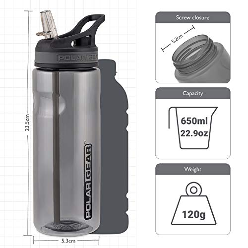 Polar Gear Aqua Grip Bottle – BPA-Free Reusable Sports Water Bottle & Foldable Straw – Drink at the Gym, in the Car & Outdoors – Clear Tritan Plastic & Dishwasher Safe – Black, 650ml