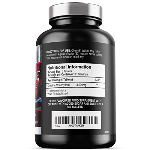 Chewable Creatine Tablets (Berry Flavour) - 3000mg Chewable Creatine Monohydrate Tablets - Creatine Chews - 180 Tablets