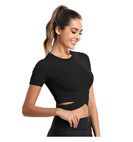 SotRong Womens Cross Bandage Workout Crop Tops Gym Yoga Tops Cute Athletic  Crossover Shirts Activewear Short Sleeve Black S