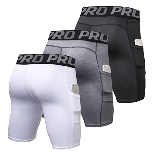 YUSHOW Compression Shorts Mens 3 Pack Sports Anti-Chafing Underwear Base Layer Shorts Quick Dry Running Shorts with Phone Pockets Cycling Tights for Workout Athletic Rugby Short Protect Leg Skin