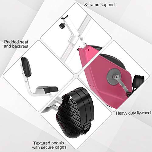 HOMCOM Magnetic Resistance Exercise Bike Foldable w/LCD Monitor Adjustable Seat Heart Rate Monitors Food Straps Foot Pads Home Office Fitness Training Workout - Pink