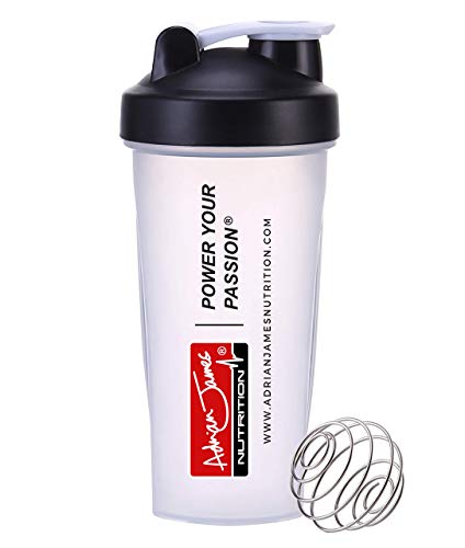 Adrian James Nutrition – Protein Powder Shaker Bottle with Mixer Ball, Leak-Proof Screw-On Lid and Secure Drinking Flip Cap, 100% BPA Free, 600 ml