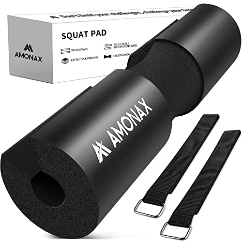AMONAX Barbell Squat Pad, Extra Thick Foam Padding for Neck & Shoulder Support, Heavy Duty Gym Fitness Workout Cover for Women Hip Thrusts, Weight Lifting and Heavy Weight Squats (Black)