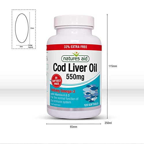 Natures Aid Cod Liver Oil 550 mg 120 Softgel Capsules (Providing 120 mg Omega-3, with Vitamins A and D, For The Normal Function of the Immune System, Purity Guaranteed, Made in the UK)