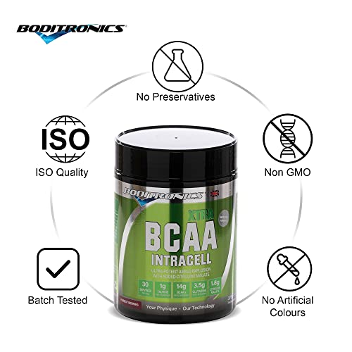Boditronics BCAA Intracell Xtra Pre Workout Protein Powder, Branched Chain Amino Acid Supplement with Vitamin B6 & B3 Immune Booster, Electrolytes, Amino Energy Drink Powder (Orange Passionfruit 750g)