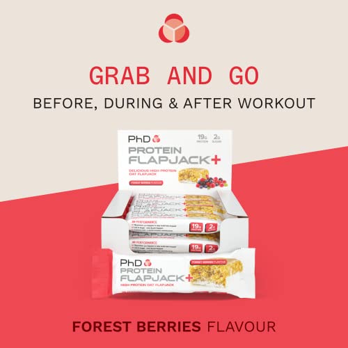 PhD Nutrition Protein Flapjack+, High Protein Snacks, Low Sugar Oat Flapjack, Forest Berries Flavour, 19g Protein Per Bar (12 Pack)