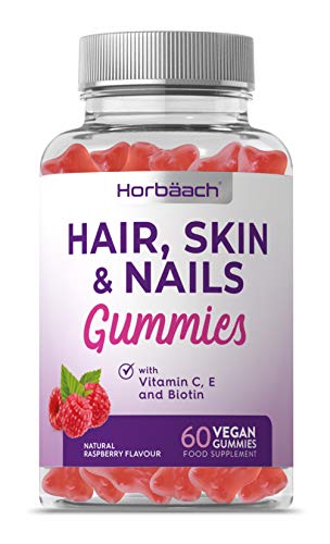 Hair, Skin & Nails Vegan Gummies | Natural Raspberry Flavour | 5000mcg Biotin, Vitamins A, B12, B6, C, D, E, Zinc | 60 Gluten Free Gummy Bears