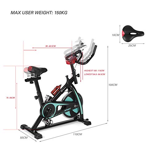 Fitnessclub Indoor Exercise Bike Cardio Workout W/Belt Driven Flywheel Cycling Adjustable Handlebars Seat Resistance Digital Monitor Heart Rate Sensors Phone Holder Bottle Green