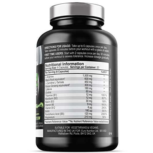 NO2 Xtreme - Nitric Oxide Supplement - Pump Pre Workout Tablets - with L Arginine, Niacin and Caffeine - Vegetarian & Vegan Nitric Oxide Supplements for Men and Women (120 Capsules)