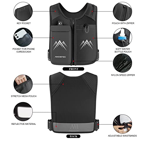 AMOSTEC Running Phone Holder Vest, Original Zip Front Reflective Running Vests with 500ml Hydration Bottle, 5 Pockets for Cards, Keys, Towels, Adjustable Waistband & Breathable Materials, Men & Women