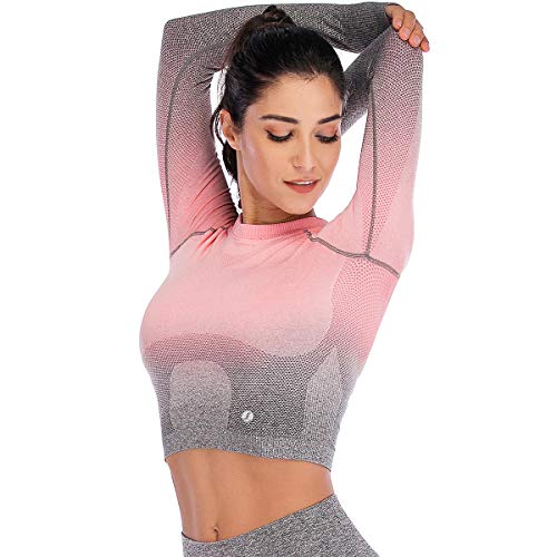 Leoyee Seamless Gradient Gym Tights Sports Shirts Yoga Tops for Women Running Workout Long Sleeve T-Shirt Tops