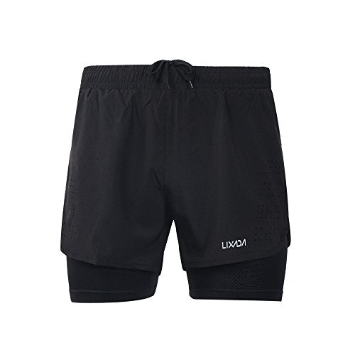 Lixada Mens 2-in-1 Running Shorts Quick Drying Breathable Active Training Exercise Jogging Cycling Shorts with Longer Liner (Black, L)