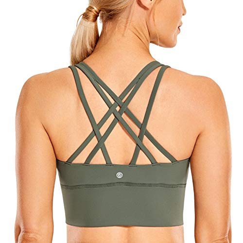 CRZ YOGA Women's Medium Support Sports Bra Strappy Back Wirefree Removable Cups Longline Yoga Crop Top Bra Grey Sage S