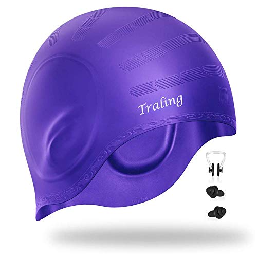 Traling Silicone Swimming Cap Adult, Waterproof Swim Hat for Men and Women Ladies Short Hair, With Anti-Tear Ergonomic Design Ear Pocket, Free Nose Clip and Ear Plugs (Purple)