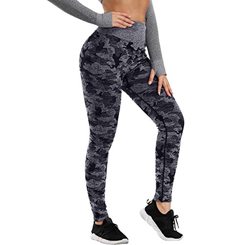 FITTOO Women's High Waisted Camo Seamless Leggings Gym Fitness Workout Yoga Pants, Camouflage-black, M