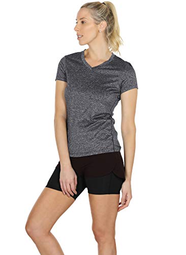 icyzone Women's Workout Running T-Shirt Yoga Fitness V-Neck Short-Sleeve Tops Sports Shirt, 3 Pack (XL, Charcoal/Red Bud/Pink)