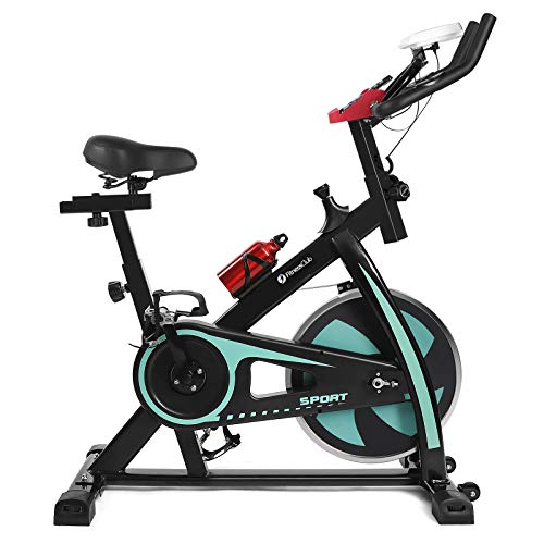 Fitnessclub Indoor Exercise Bike Cardio Workout W/Belt Driven Flywheel Cycling Adjustable Handlebars Seat Resistance Digital Monitor Heart Rate Sensors Phone Holder Bottle Green