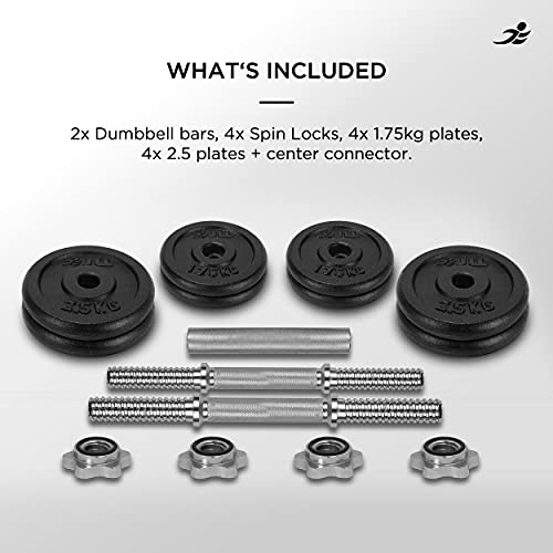 JLL 20kg Cast Iron Dumbbell & Barbell Set 2021 4x 1.75kg and 4x 2.5kg weight plates, 4x spin-lock collars, steel connecting bar, hammer tone look, resilient and long lasting training