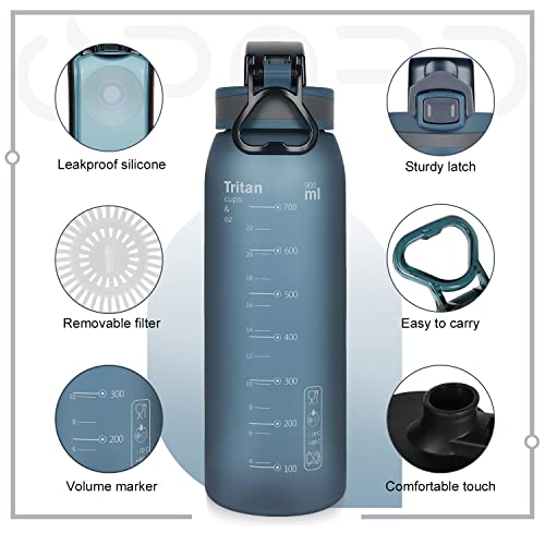 Opard Sports Water Bottle, 900ml BPA Free Non-Toxic Tritan Plastic Drinking Bottle with Leak Proof Flip Top Lid for Gym Yoga Fitness Camping