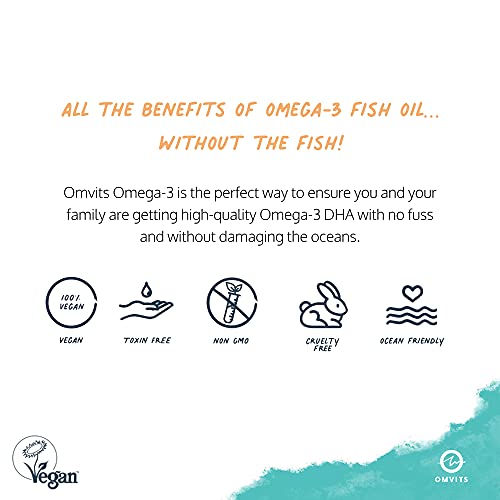 Omvits Vegan Omega 3 DHA Supplement from Algae Oil - 60 Capsules with Vitamin E - Sustainable Algal Alternative to Fish Oil - Vegetarian Essential Fatty Acids - Supports Heart, Brain & Eye Health