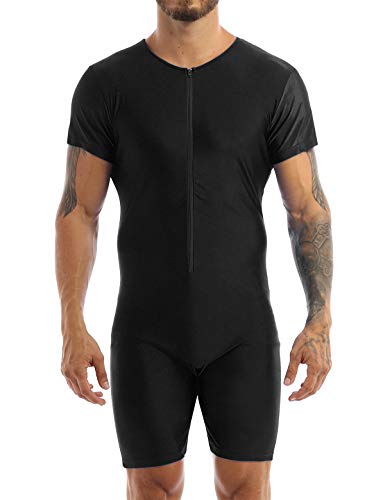 iiniim Mens One Piece Short Sleeve Front Zipper Boxer Shorts Leotard Bodysuit Catsuit Black XL