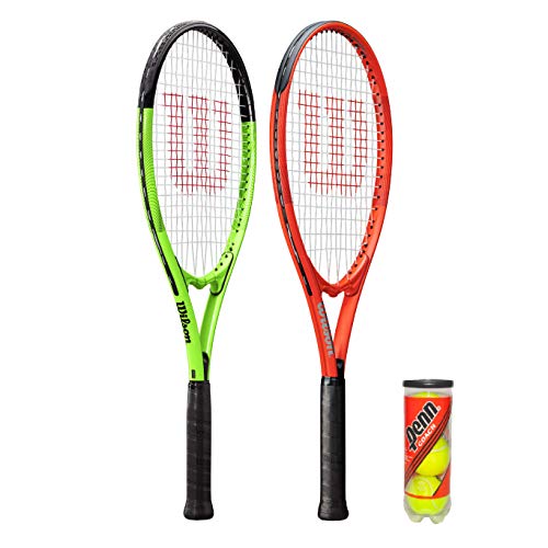 2 x Wilson XL Tennis Rackets (Red & Green) & 3 Tennis Balls