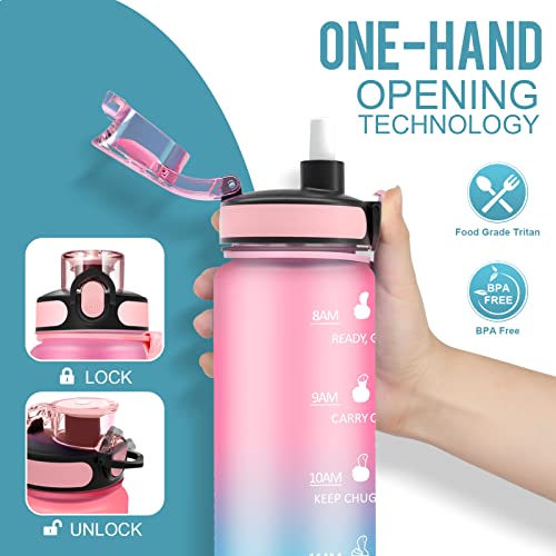 MYFOREST 1Litre Water Bottle BPA Free Material,1L Drinking Bottle with Straw & Time markings,1000ml Water Jug Meet Your Drinking Water Needs Throughout The Day - Pink Blue - Gym Store