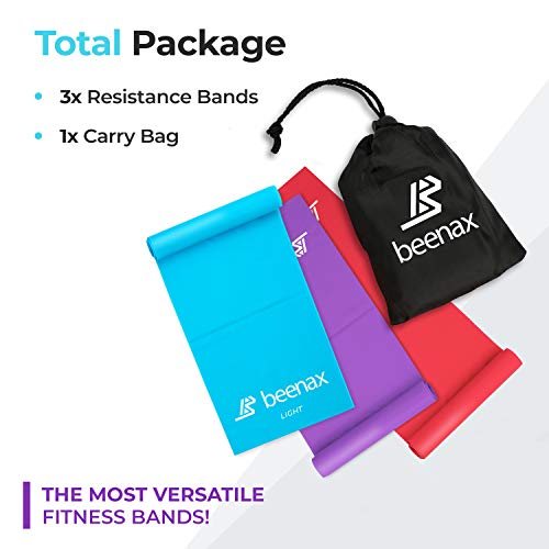 Beenax Resistance Bands (Set of 3) - Skin-Friendly Exercise Bands - 3 Resistance Levels for Pilates, Yoga, Rehab, Stretching, Fitness, Strength Training and Workout (Home & Gym & Office)