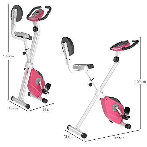 HOMCOM Magnetic Resistance Exercise Bike Foldable w/LCD Monitor Adjustable Seat Heart Rate Monitors Food Straps Foot Pads Home Office Fitness Training Workout - Pink