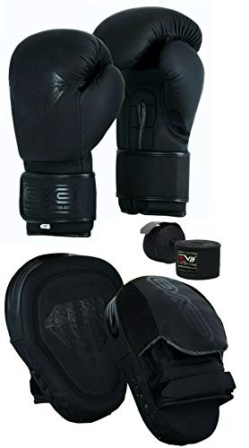 EVO Fitness Matte Boxing pads and Gloves Set Target Focus pads Mitts and Boxing Gloves Hook and Jab Training Sparring MMA Martial Arts Muay Thai Kickboxing Karate (Matte Black, Deal with 10oz Gloves)