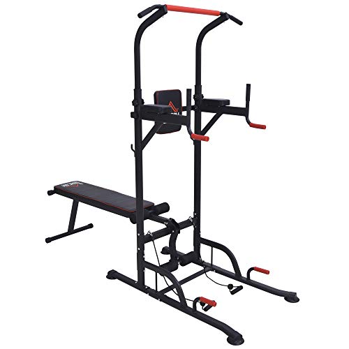 HOMCOM Multifunction Home Workout Power Tower Dip Station w/Sit-up Bench Push-up Bars Tension Ropes Fitness Equipment Office Gym Training