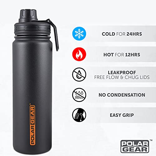 Polar Gear Stainless Steel Water Bottle – Hydra Flow – Vacuum Insulated Metal Double Wall – 2 Lid Options – 12 Hours Hot 24 Hours Cold – Sports, Travel, Gym – 700ml Black